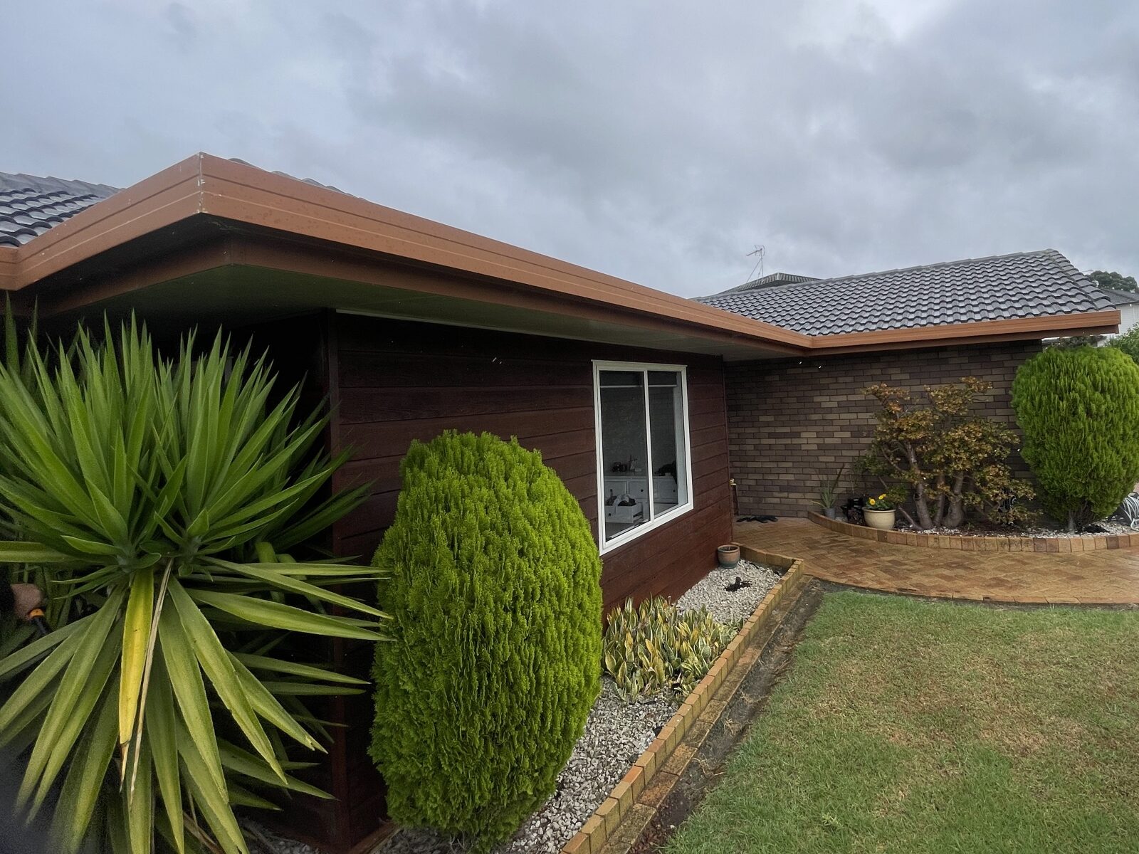 Front yard of a brick house with brown siding, orange trim, spiky yucca, and round evergreen shrubs under a cloudy sky.